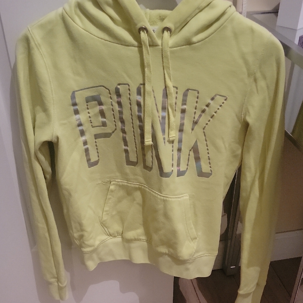 Victoria's Secret PINK Light Lime Neon Green Hoodie. Holographic Lettering. XS